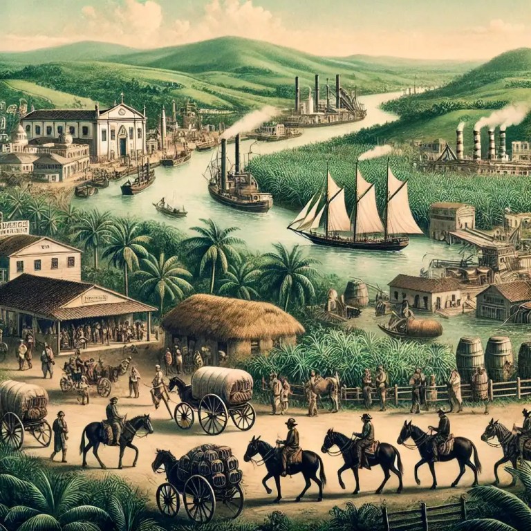 Mercado interno no Brasil em 1800 com tropeiros, porto e produção colonial em cena histórica