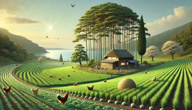 Agricultor trabalhando em um campo utilizando métodos de agricultura natural.