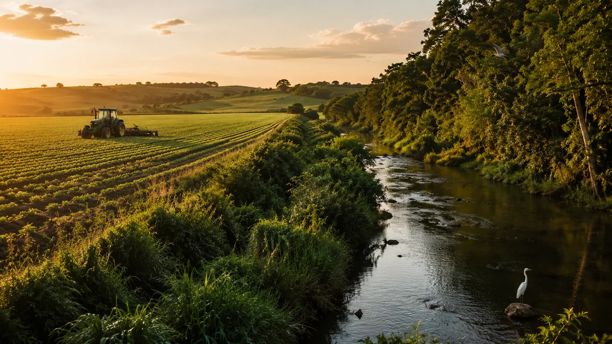 Agricultura moderna e natureza com lavoura mecanizada, solo coberto, árvores e água preservada