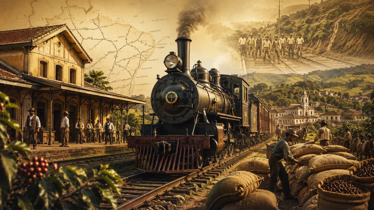 História das ferrovias no Brasil com locomotiva antiga, trilhos, estação ferroviária, café e paisagem histórica