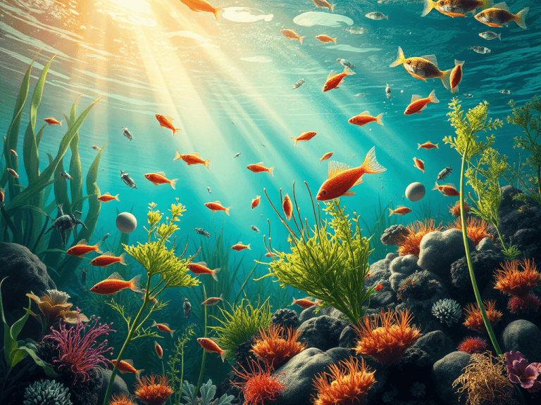 Ilustração de bactérias, algas, plantas aquáticas e animais presentes em um viveiro de piscicultura.