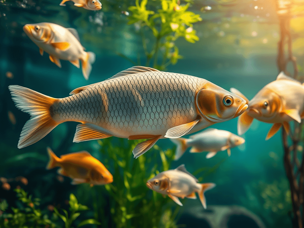 Várias espécies de peixes indicadas para cultivo intensivo, incluindo carpas, tilápias e tambaquis.