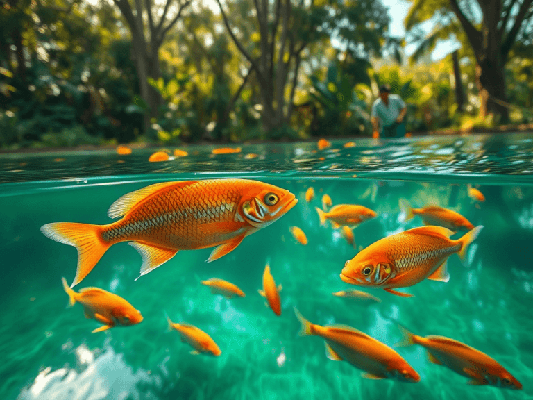 Cardume de peixes dourados em água tropical cristalina, possivelmente em viveiro de piscicultura no Brasil.