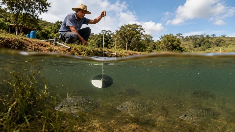 Viveiro de piscicultura com peixes, plâncton, plantas aquáticas e produtor monitorando a água