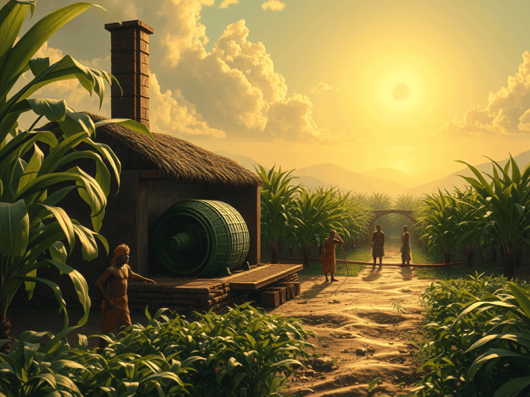 Agricultura no Brasil colonial com engenho de açúcar e canavial ao pôr do sol