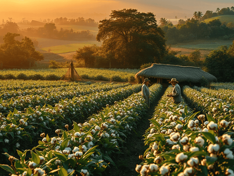 Plantação de algodão ao entardecer com agricultores trabalhando em um campo no Brasil, destacando o cenário rural com árvores e uma cabana de palha.