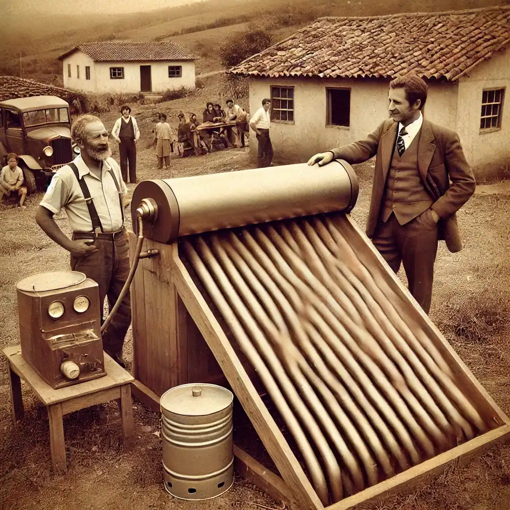 Homens observam um coletor solar rústico construído em 1978 em Alto Jequitibá, Brasil. O equipamento possui tubulação serpentina dentro de uma estrutura de madeira ou metal, refletindo uma inovação pioneira em energia solar na época.