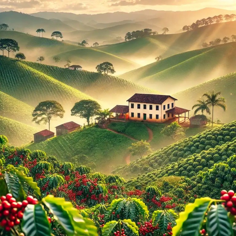 Plantação de café nas montanhas de Alto Jequitibá, Minas Gerais, com café arábica em fase de colheita e uma paisagem rural ao fundo.