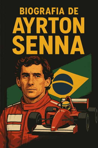 Retrato ilustrado de Ayrton Senna com seu carro de Fórmula 1 ao lado e fundo estilizado com as cores da bandeira do Brasil.