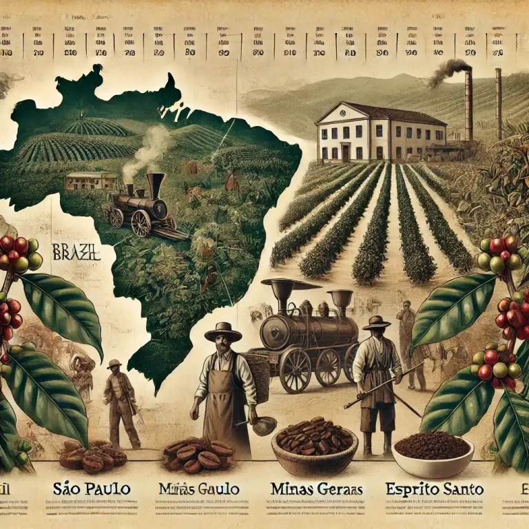 História do café no Brasil com mapa, lavouras, trem e linha do tempo