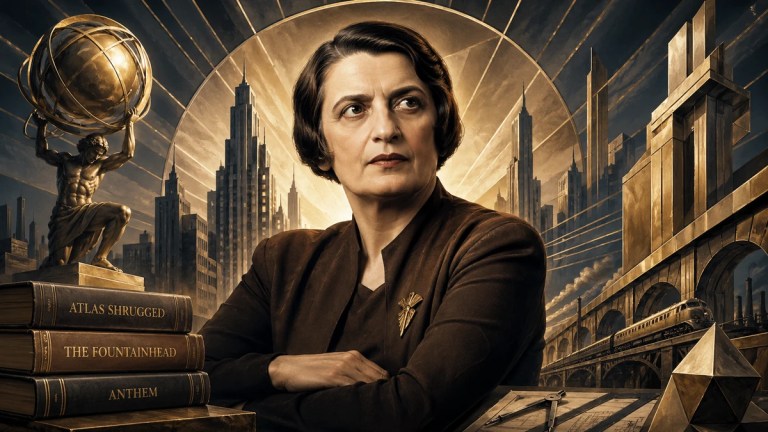 Retrato editorial de Ayn Rand com livros, arquitetura monumental e símbolos de razão, individualismo e objetivismo