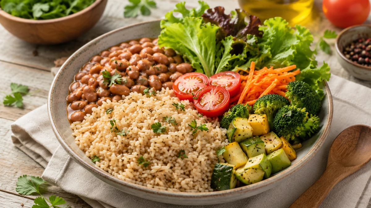 Benefícios do arroz integral em prato equilibrado com feijão, legumes e verduras