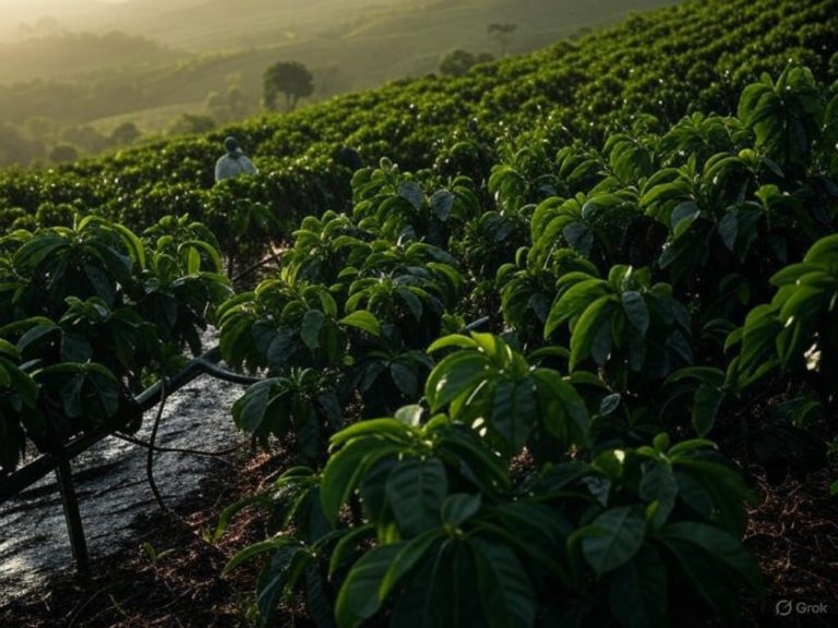 Plantação de café arábica em uma fazenda brasileira ao pôr do sol, com sistema de irrigação por gotejamento e trabalhadores no campo.