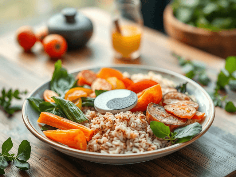Prato macrobiótico com arroz integral, vegetais coloridos como cenoura e tomate, folhas verdes e um símbolo yin-yang, sobre uma mesa de madeira com tomates e suco ao fundo.