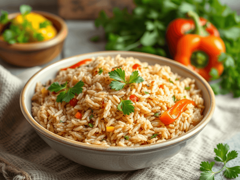 Tigela de arroz integral com vegetais coloridos, representando os benefícios do arroz integral na alimentação