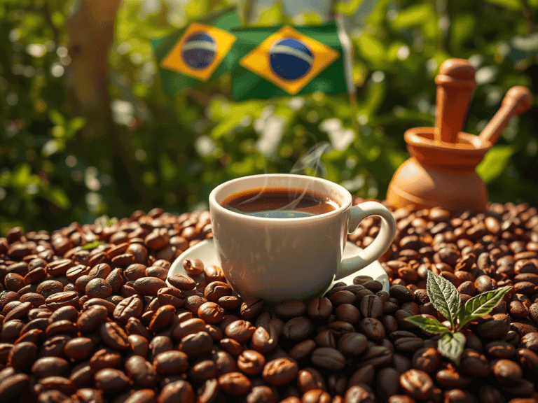 Xícara de café quente sobre grãos de café torrados, com uma folha verde e um moedor tradicional ao lado, e bandeiras do Brasil ao fundo, celebrando o Dia Mundial do Café.