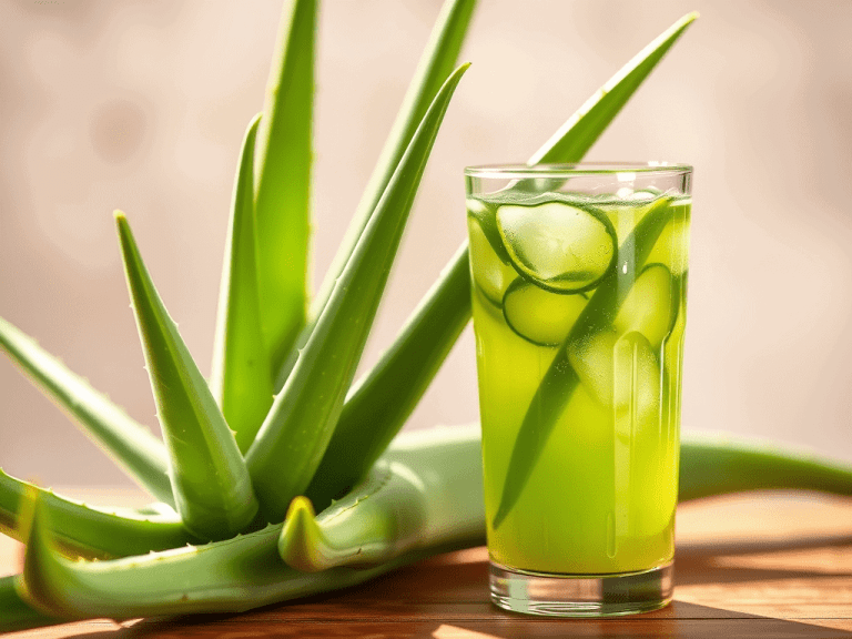 Um copo de suco verde claro com fatias de pepino, posicionado ao lado de folhas frescas de babosa sobre uma superfície de madeira, com um fundo desfocado em tons de bege.