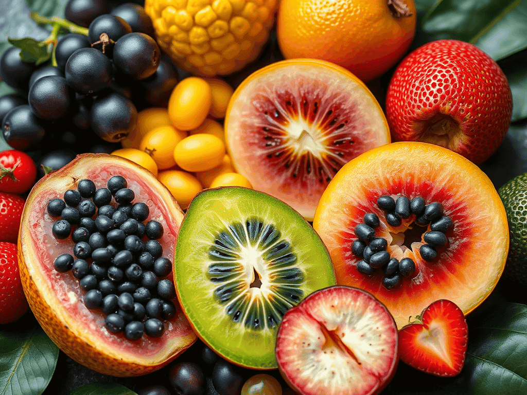 Close-up vibrante de diversas frutas exóticas brasileiras cortadas ao meio, revelando suas cores e texturas únicas, incluindo açaí, kiwi, laranja sanguínea, morango e outras frutas tropicais sobre folhas verdes escuras.