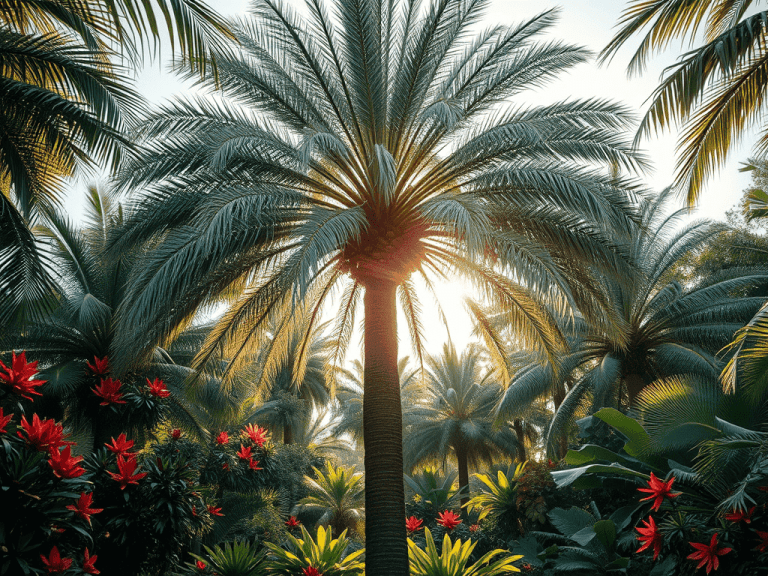 Palmeira-real-australiana em destaque, cercada por vegetação tropical exuberante e flores vermelhas, iluminada pela luz do sol.
