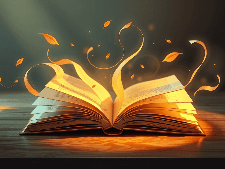 Livro aberto com páginas douradas que se transformam em fitas e folhas brilhantes flutuando no ar, em ambiente iluminado.