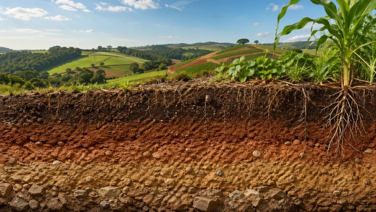 Perfil de solo com horizontes visíveis, raízes e paisagem agrícola ilustrando o que é pedologia e a formação do solo