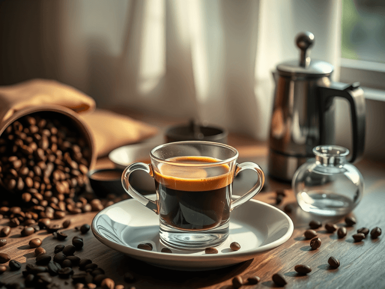 Equipamentos e ingredientes para fazer café especial: grãos torrados e xícara de café especial.