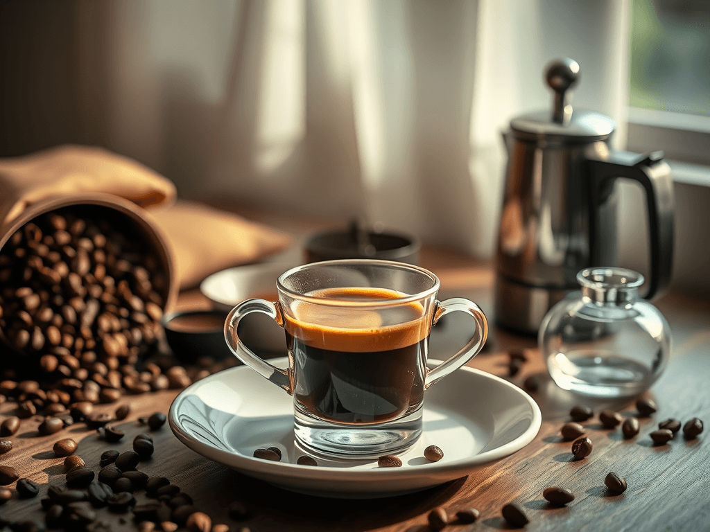 Equipamentos e ingredientes para fazer café especial: grãos torrados e xícara de café especial.