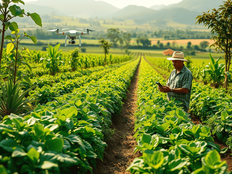 Um agricultor usando um tablet para monitorar um drone sobrevoando uma lavoura verdejante em um campo brasileiro, com montanhas ao fundo.