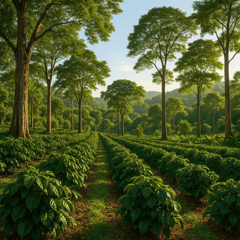 Plantação de café em sistema agroflorestal com árvores altas e maduras que oferecem sombra e proteção, evidenciando uma produção sustentável em Minas Gerais.