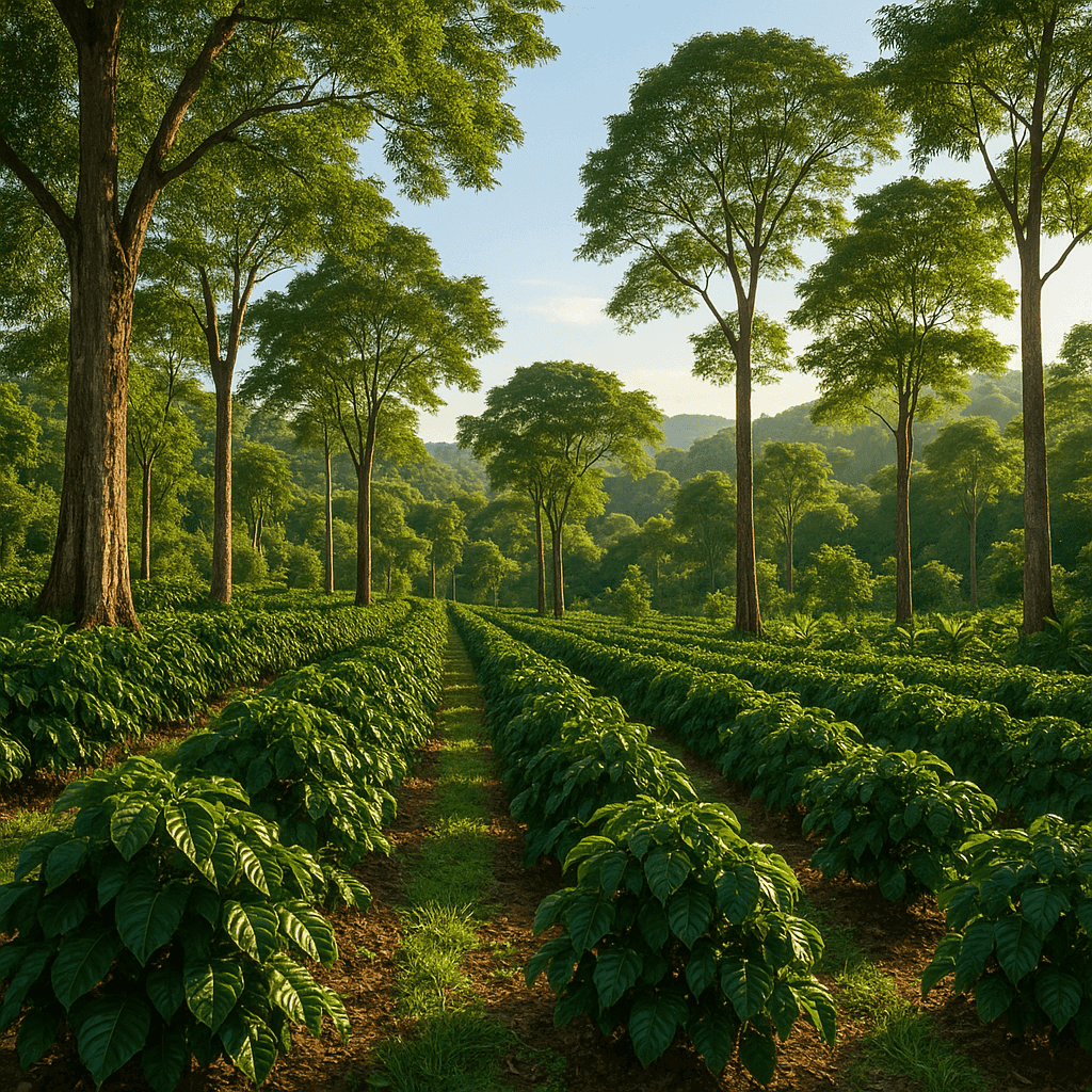 Plantação de café em sistema agroflorestal com árvores altas e maduras que oferecem sombra e proteção, evidenciando uma produção sustentável em Minas Gerais.