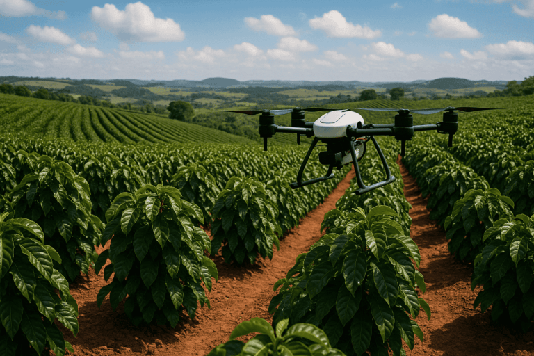 Drone monitorando lavoura de café para agricultura de precisão