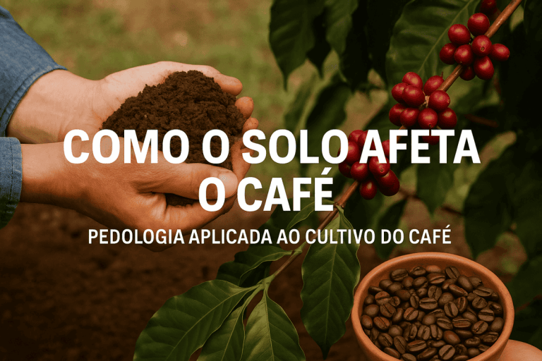 Mãos segurando solo fértil ao lado de ramo de café com frutos maduros e tigela de grãos torrados, ilustrando a importância do solo para a produção de café de qualidade.