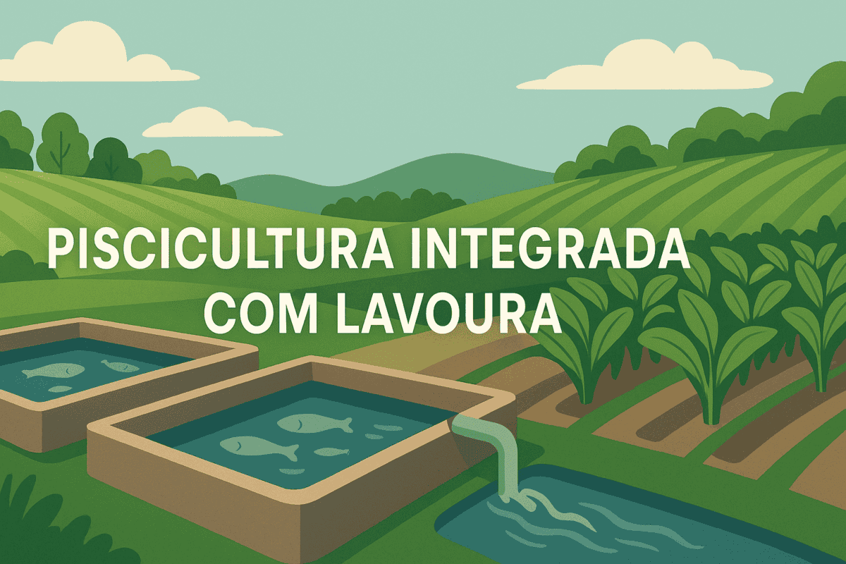 Ilustração minimalista de tanques de piscicultura conectados a campos agrícolas, representando a circulação de água e nutrientes entre peixes e culturas.
