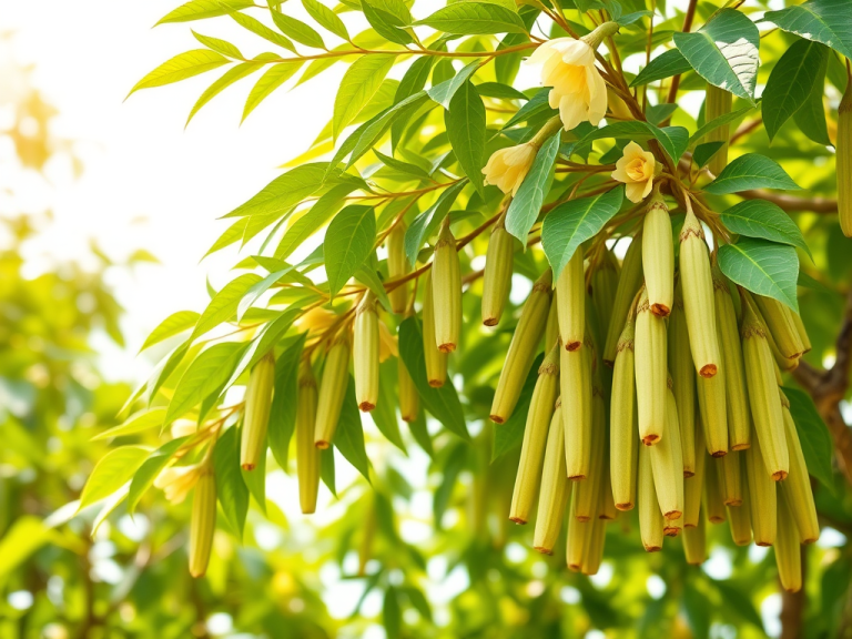 Moringa oleifera no Brasil com folhas, flores claras e vagens longas em ramo iluminado
