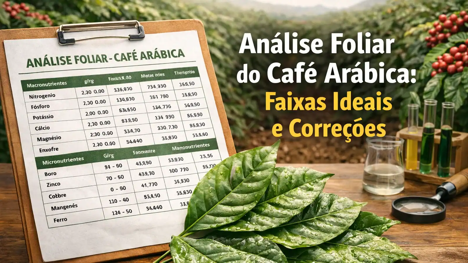 Banner com folhas de café arábica sobre laudo de análise foliar, com frascos de laboratório e lavoura de café ao fundo, destacando faixas ideais de macro e micronutrientes.