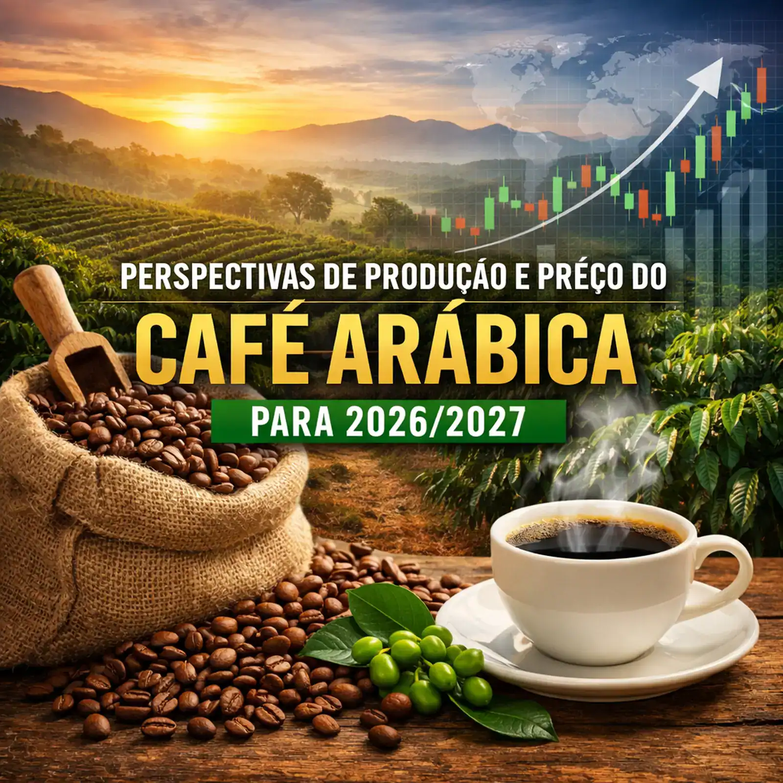 Gráfico de crescimento de preços do café arábica com cenário de produção para 2026/2027, incluindo uma xícara de café e grãos em um campo agrícola ao pôr do sol.