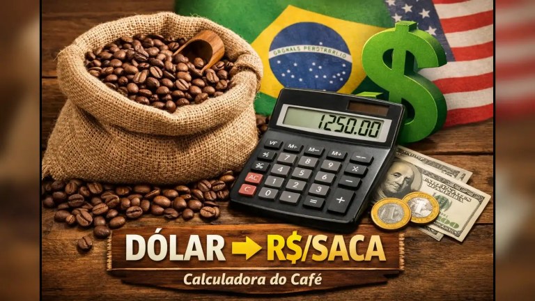 Saca de café ao lado de uma calculadora e símbolos do dólar e do real, ilustrando a conversão da cotação do café em dólar para R$/saca.