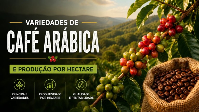 Lavoura de café arábica com frutos maduros, grãos torrados e destaque para variedades de café e produtividade por hectare