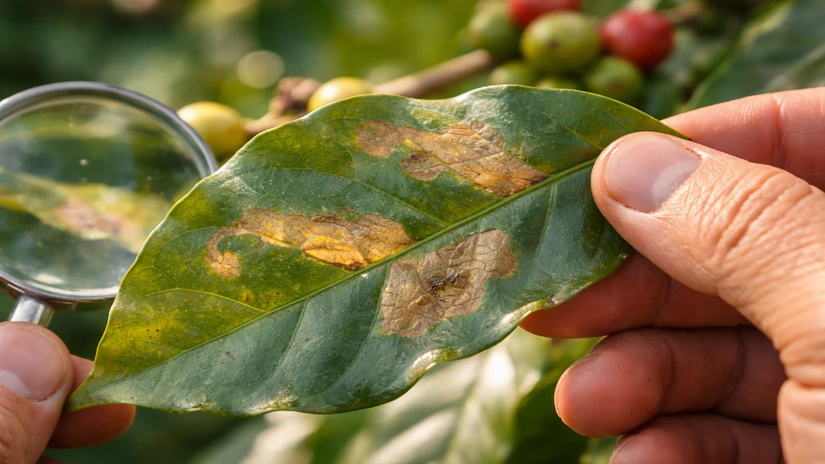 Folha de café com ataque de bicho-mineiro durante monitoramento na lavoura