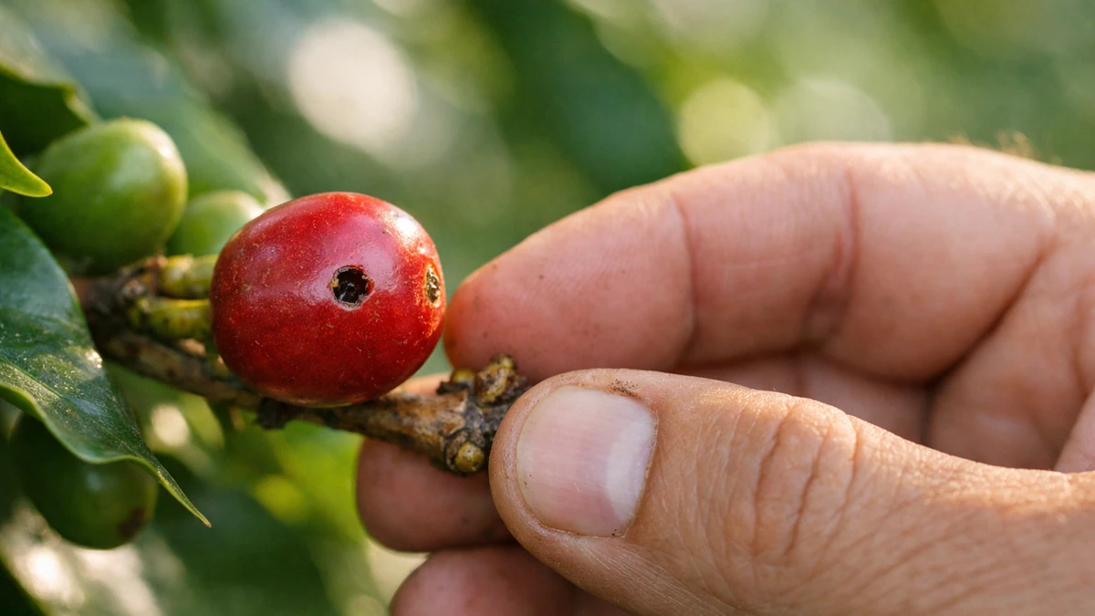 Broca do café em fruto de cafeeiro durante monitoramento da lavoura