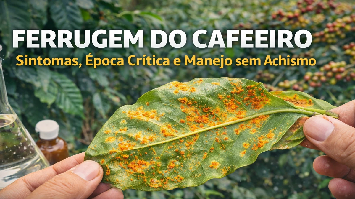 Folha de cafeeiro com ferrugem do café, mostrando pústulas alaranjadas em lavoura de café