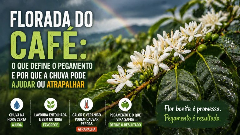 Florada do café arábica em lavoura com flores brancas, destacando a importância da chuva e do pegamento dos frutos