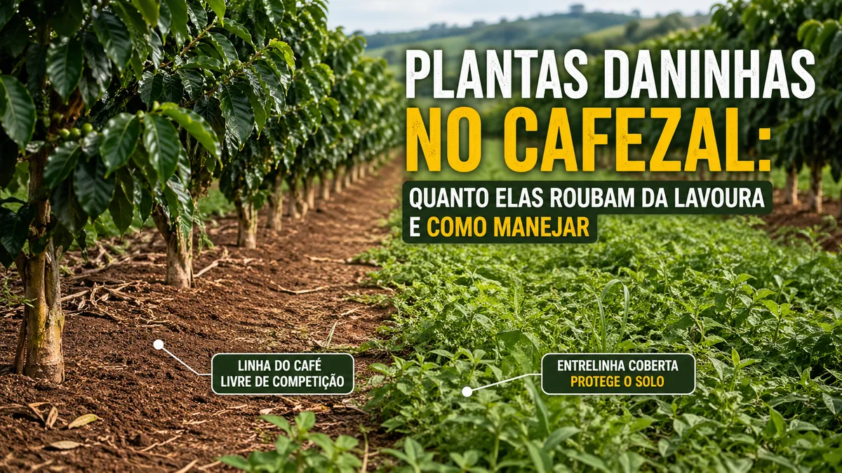 Plantas daninhas no cafezal com linha do cafeeiro manejada e entrelinha coberta para proteção do solo