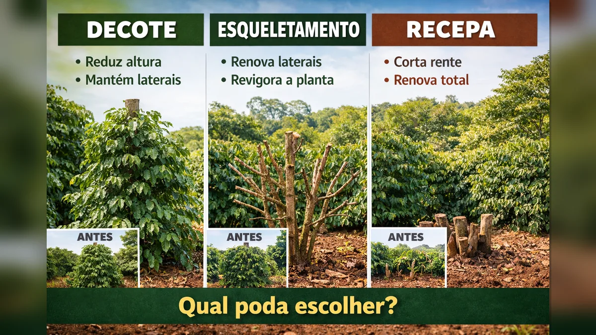 Poda do café com comparação entre decote, esqueletamento e recepa em lavoura de café arábica
