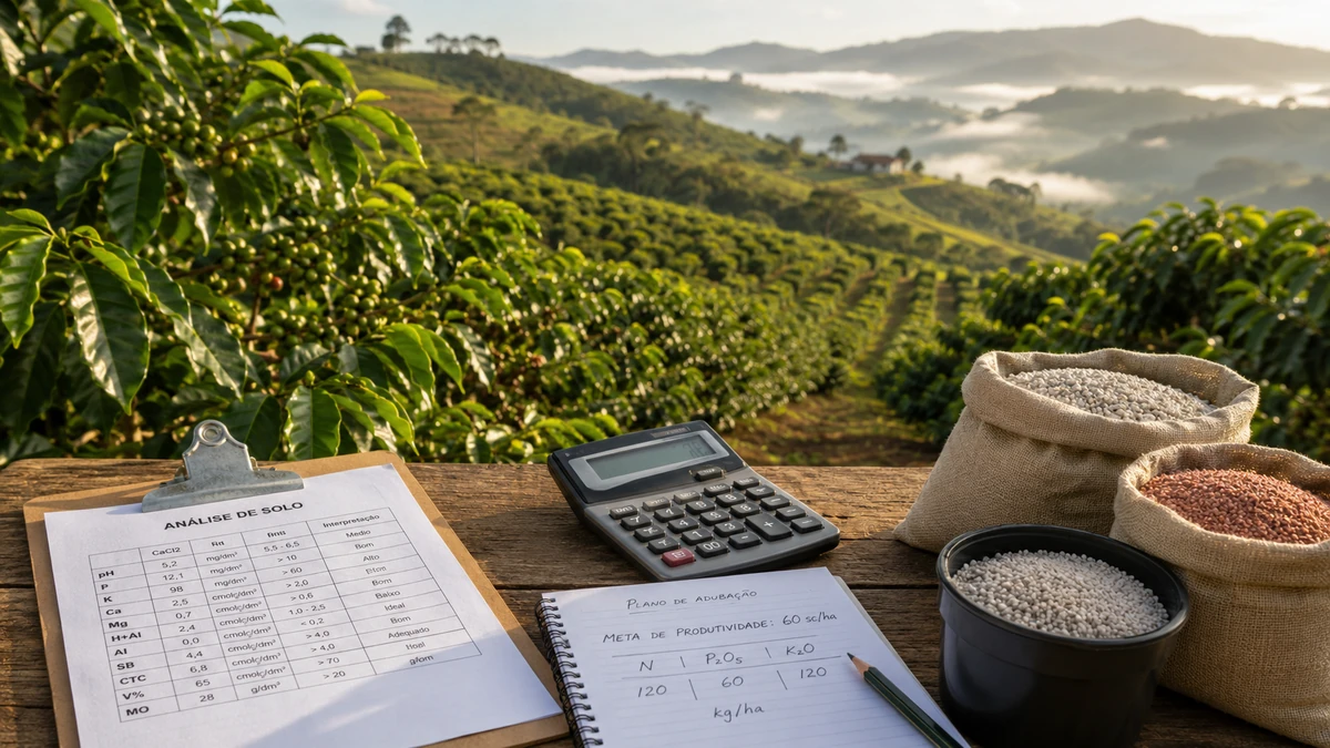 Cafezal com análise de solo, calculadora e fertilizantes para calcular a adubação do café por meta de produtividade