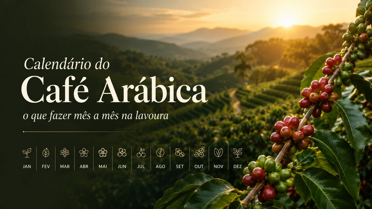 Calendário do Café Arábica com lavoura em montanha, frutos maduros e verdes no cafeeiro e manejo mês a mês da produção.