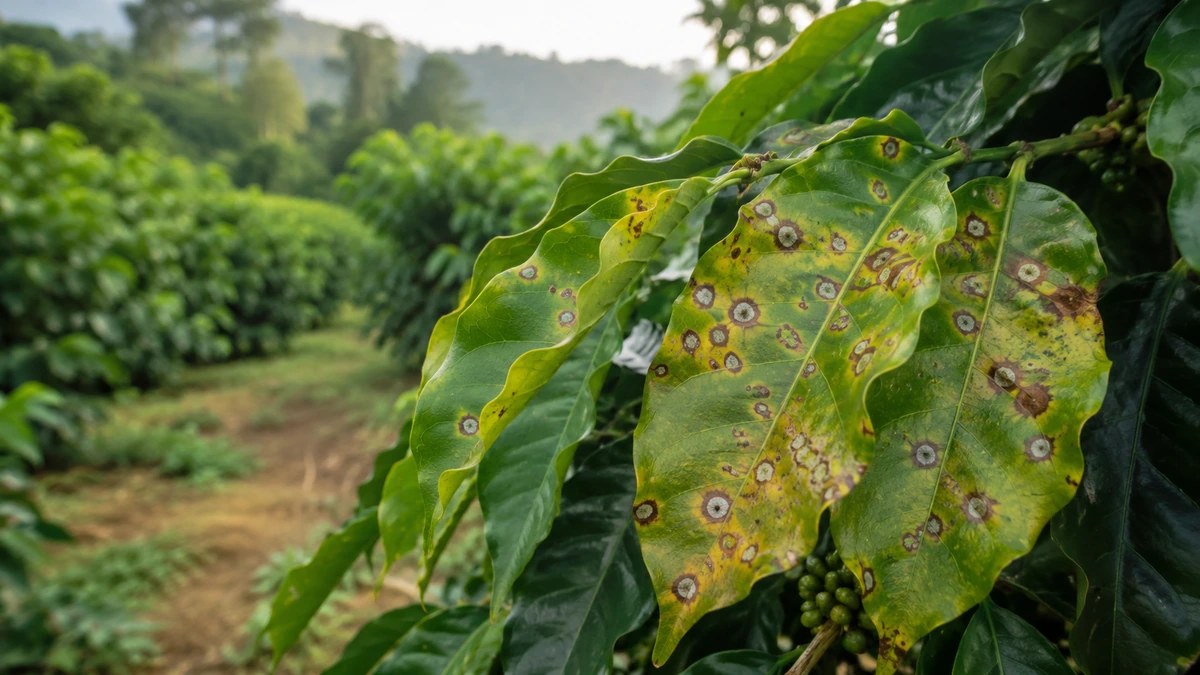 Folha de cafeeiro com manchas circulares de cercosporiose, centro claro, borda marrom e halo amarelado