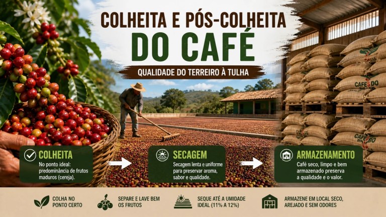 Café cereja colhido no ponto ideal passando por secagem em terreiro e armazenamento para preservar a qualidade da bebida