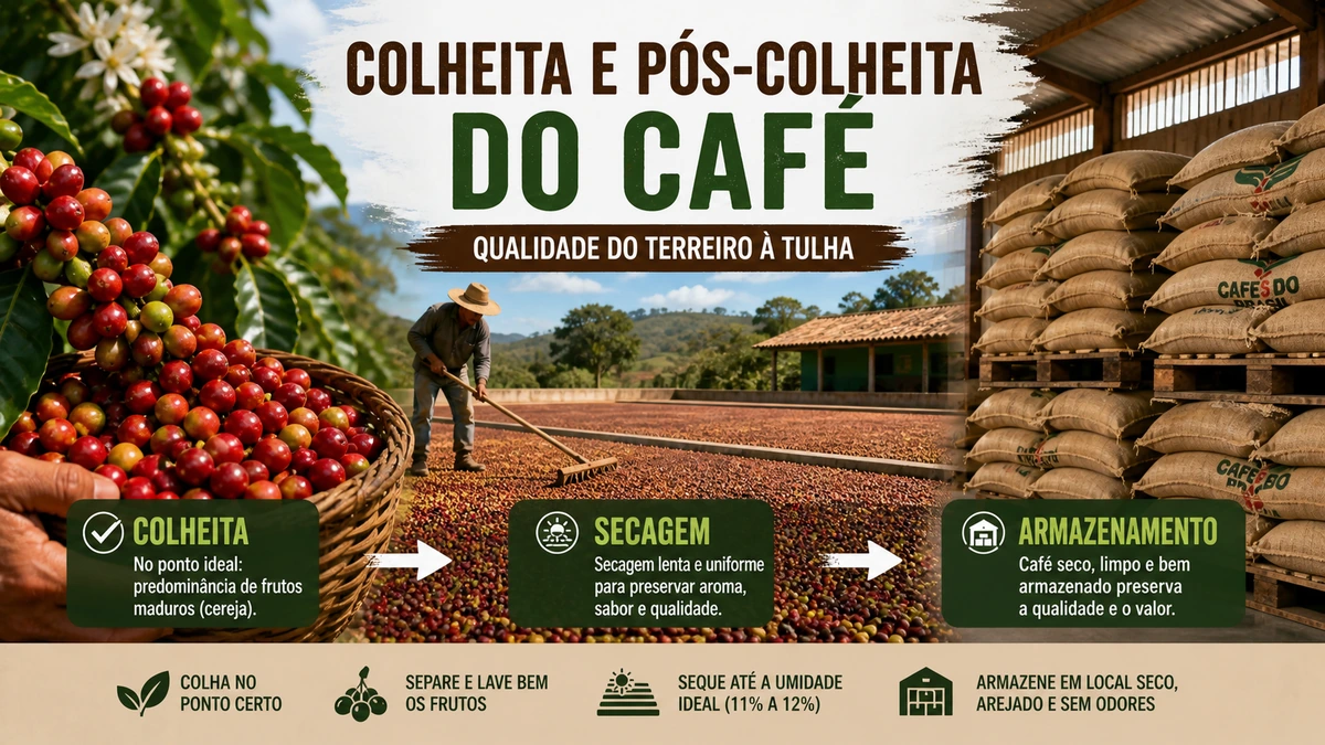 Café cereja colhido no ponto ideal passando por secagem em terreiro e armazenamento para preservar a qualidade da bebida