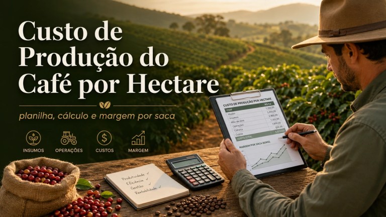 Planilha de custo de produção do café por hectare com lavoura de café ao fundo